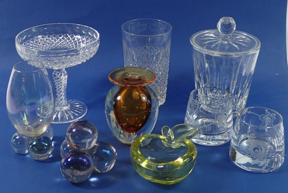 A group of glass ware including green apple dish, Stuart vase, a pair of Copenhagen candleholders