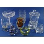 A group of glass ware including green apple dish, Stuart vase, a pair of Copenhagen candleholders
