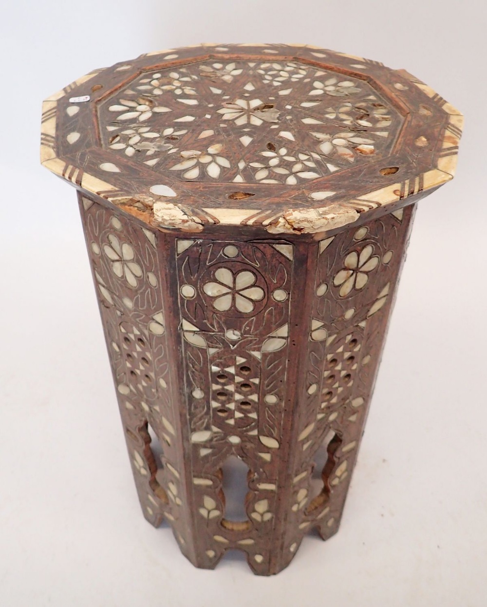 A Moroccan hardwood occasional table inlaid mother of pearl, 50cm tall, 32cm diameter - Image 5 of 5