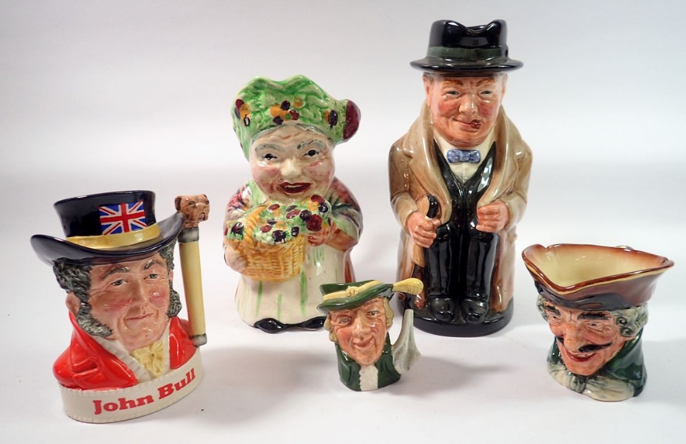 A Winston Churchill Toby jug, 23cm three other Doulton character jugs and a Toby jug of an old woman