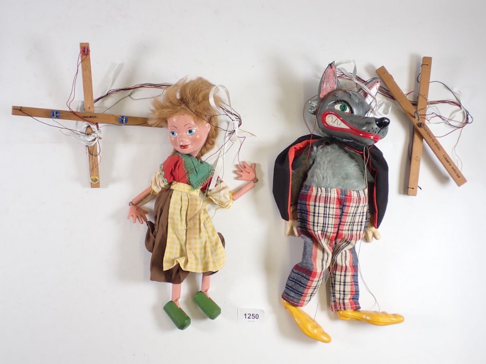 Two vintage 1960's Pelham puppets including Wolf from Little Red Riding Hood plus Gretal