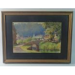 G F Harris - watercolour village scene with bridge over river, 17 x 27cm