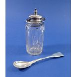 A silver topped cut glass condiment pot with matched silver spoon, Sheffield 1838 by John Watson