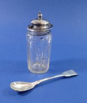 A silver topped cut glass condiment pot with matched silver spoon, Sheffield 1838 by John Watson