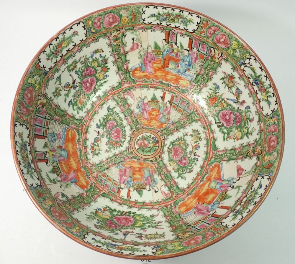 A Chinese 19th century large Canton fruit bowl painted panels of flowers and interior scenes, 37.5cm - Image 3 of 7