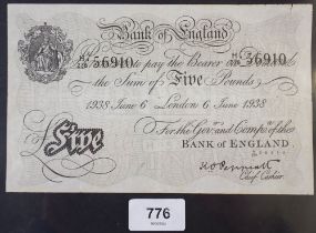 A 1930's Operation Bernhard fake £5 where fake money was dropped into Britain by the Nazi's