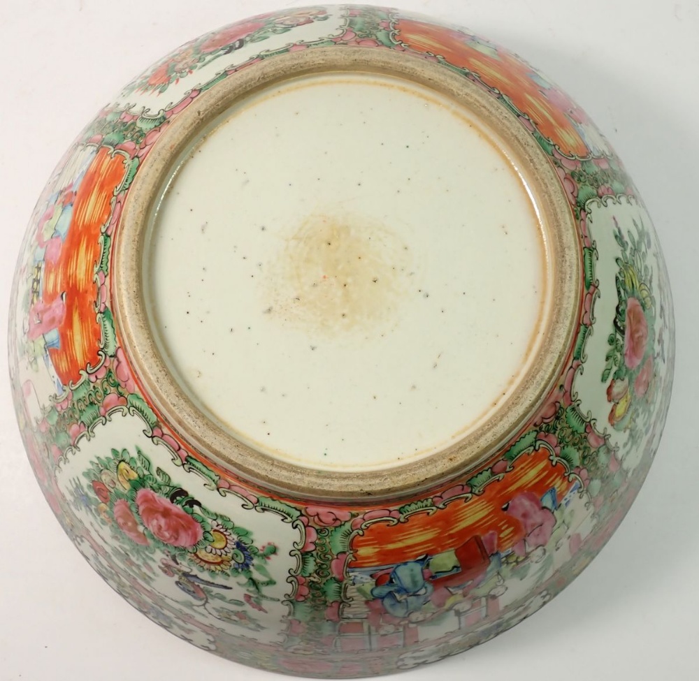 A Chinese 19th century large Canton fruit bowl painted panels of flowers and interior scenes, 37.5cm - Image 7 of 7