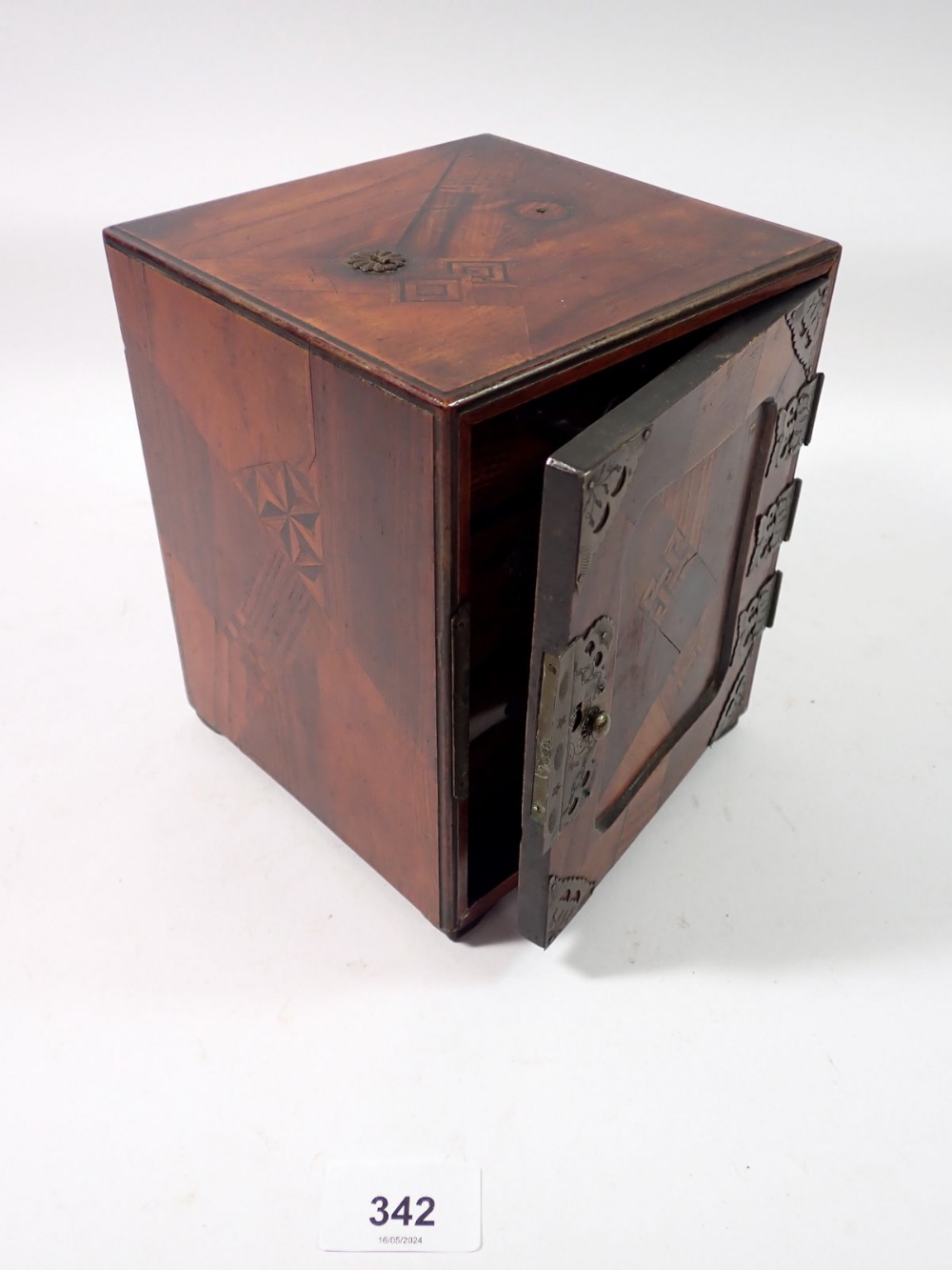 A Japanese marquetry box with three small drawers, 14.5 x 14.5 x 18cm