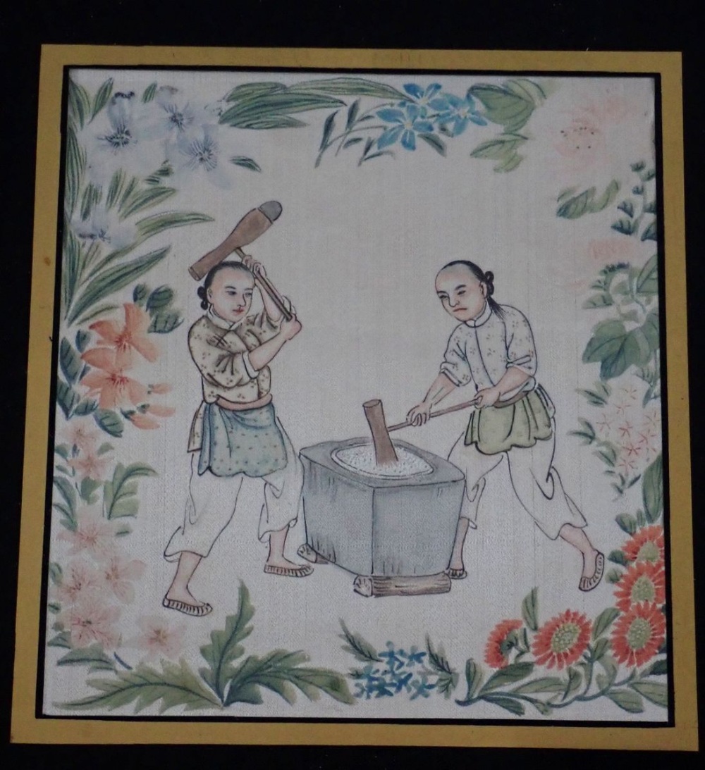 A set of three Chinese watercolours on silk paintings depicting rice farmers, framed as one, 15.5 - Image 2 of 3