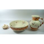 A Victorian Copeland jug and bowl set with soap dish, painted birds and butterflies with bamboo