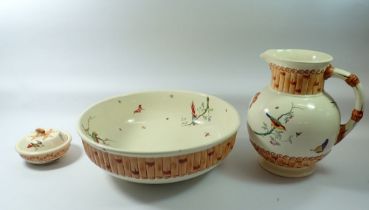 A Victorian Copeland jug and bowl set with soap dish, painted birds and butterflies with bamboo