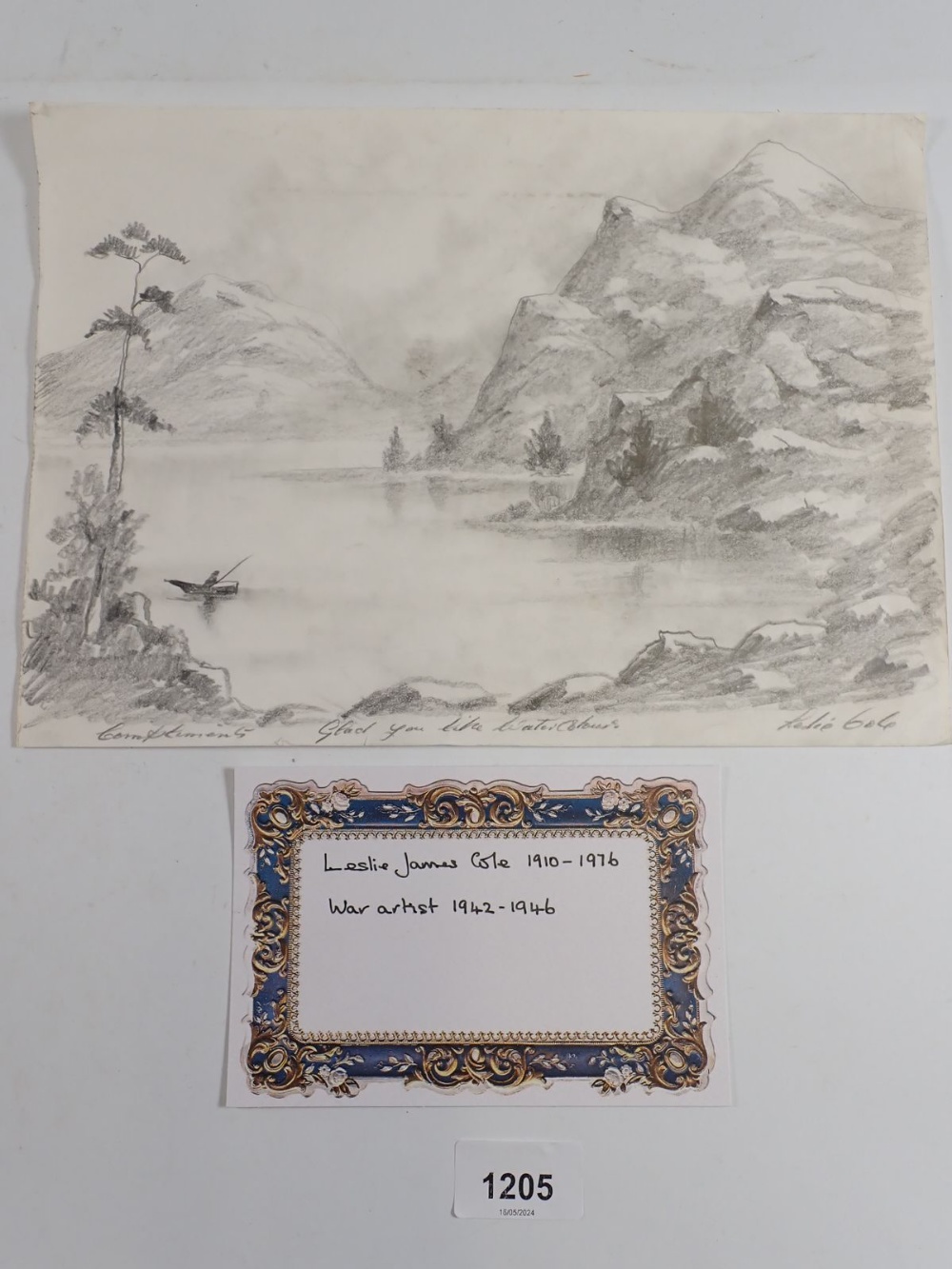 Leslie Cole - Pencil sketch of mountain and lake scene - inscribed "Compliments glad you like