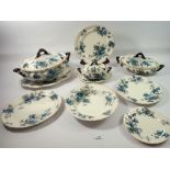 A Keeling & Co 'Trentham' dinner service painted blue flowers comprising eleven dinner plates,