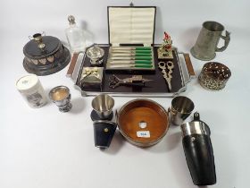 A collection of silver plated and other items including a Besway Steelite tray, Danish stirrup cups,