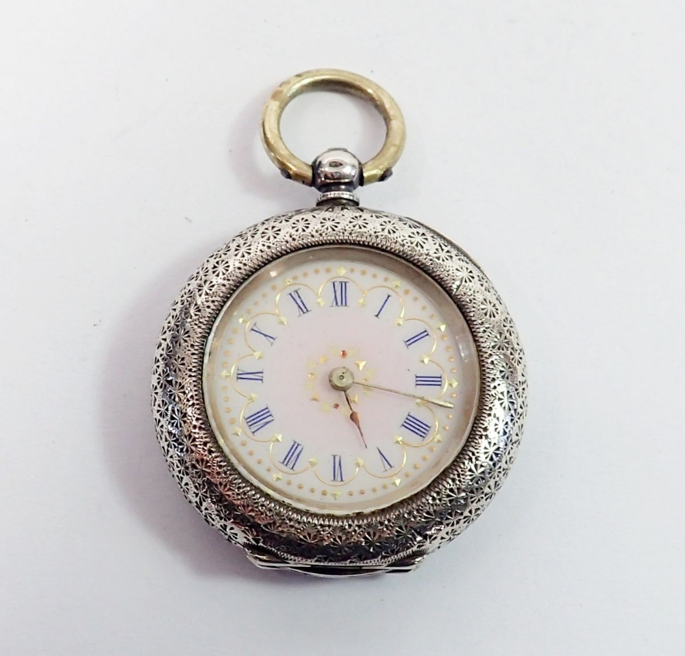 A 935 silver ladies fob watch with decorative enamel dial
