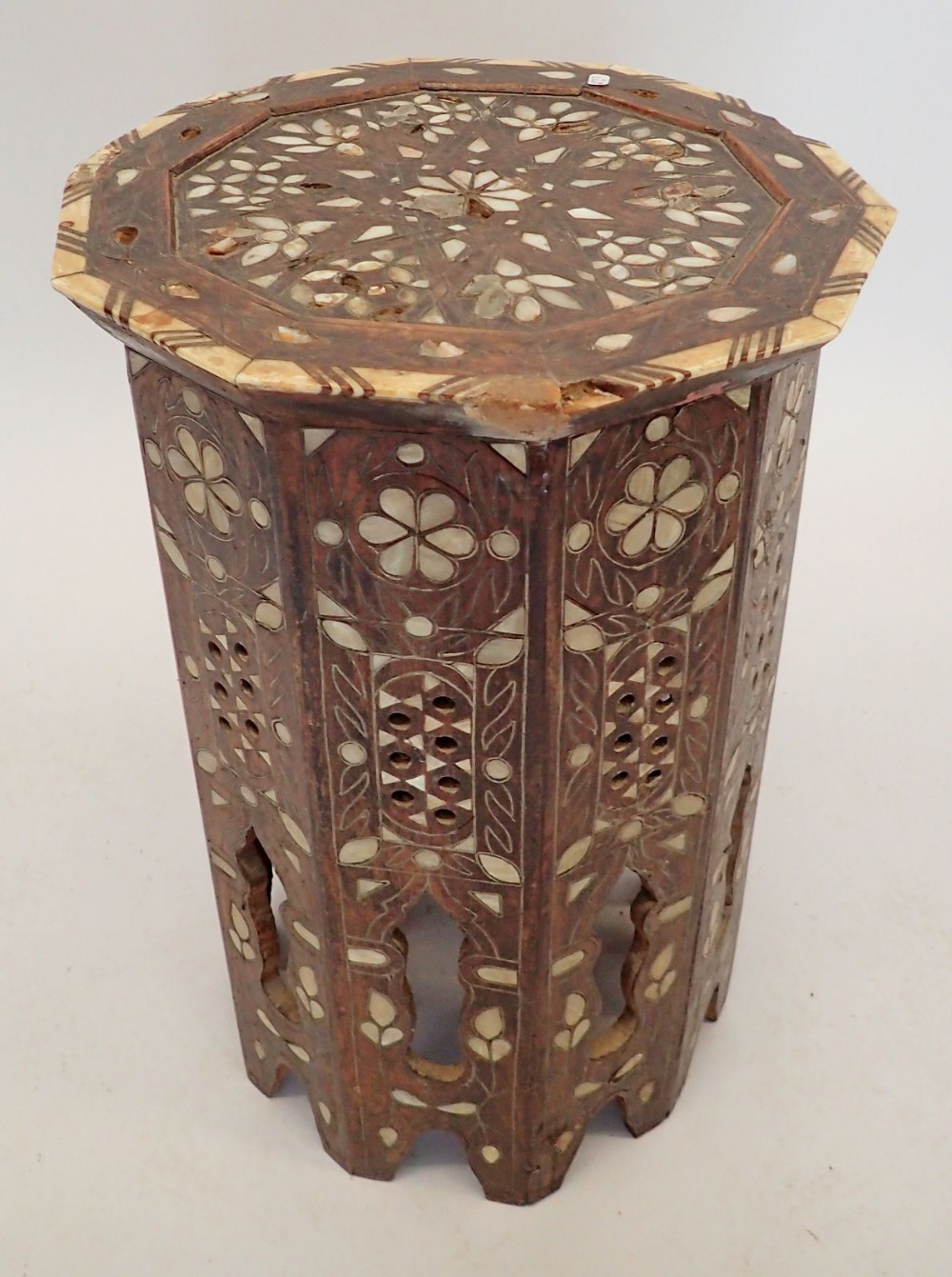 A Moroccan hardwood occasional table inlaid mother of pearl, 50cm tall, 32cm diameter - Image 3 of 5