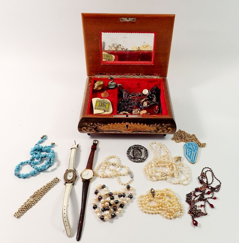 A Sorrento ware musical jewellery box and contents of various costume jewellery