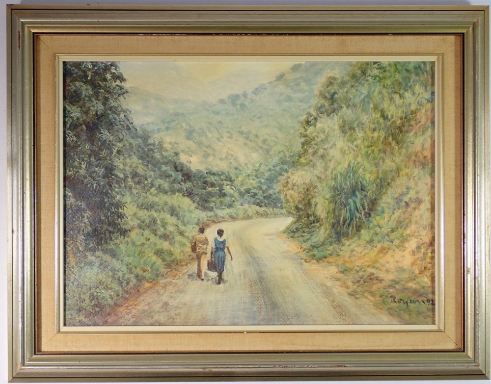 Royan Grey - oil on canvas of walking through the hills, dated 92, 27 x 39cm