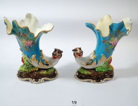 A pair of 19th century cornucopia vases painted flowers plus a small blue and white onion pattern