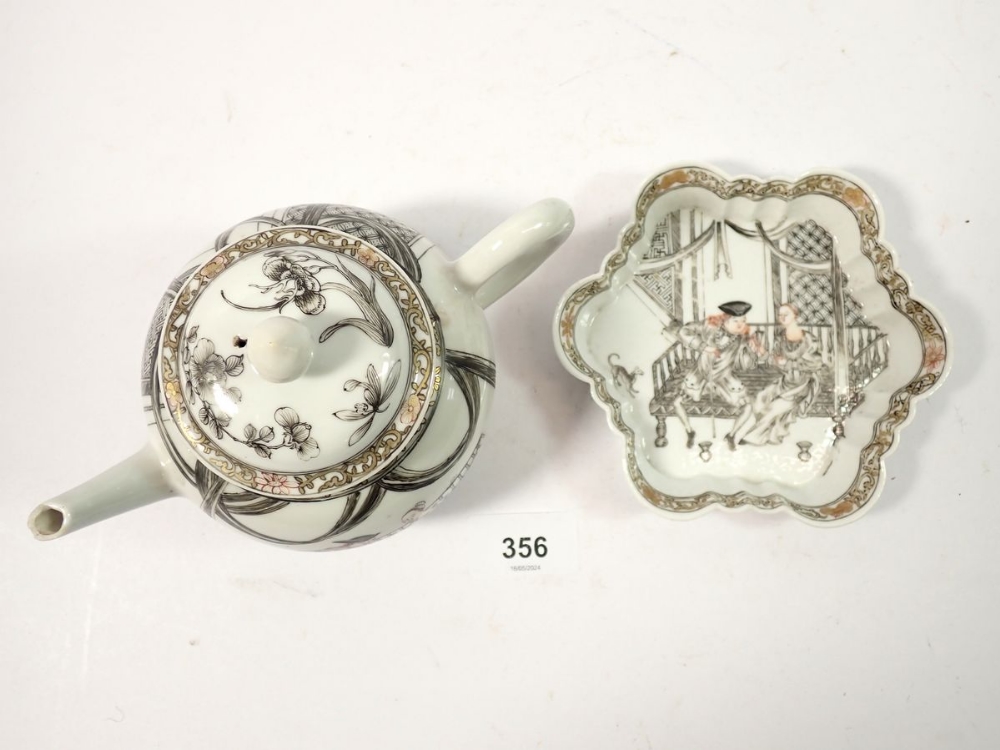 An 18th century Chinese porcelain export Jesuit teapot and stand, painted seated figures on a - Image 2 of 6