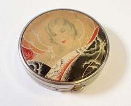 An Art Deco compact with ladies face and stylised wave decoration, by Atkinson's 5cm diameter