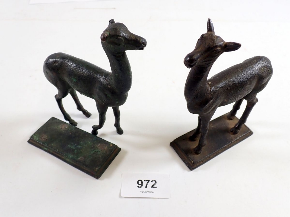 A 19th century pair of bronze figures of young stags - one a/f, 12cm tall