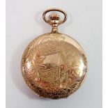 An Elgin gold plated pocket watch with engraved bird and foliage decoration