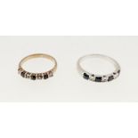 Two 9 carat gold rings line set black and white stones, size K to L and No to O, 4.5g