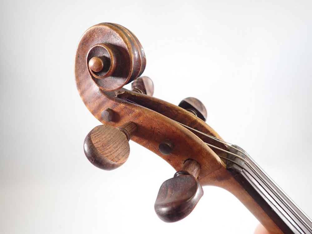 A 19th century Bohemian violin in the style of Gagliano 14" back with bow and case, the bow - Image 8 of 11