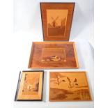 A marquetry tray, 45 x 30cm and three marquetry pictures