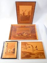 A marquetry tray, 45 x 30cm and three marquetry pictures