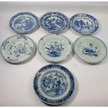 Seven Chinese 18th century blue and white plates - all damaged, 23cm diameter