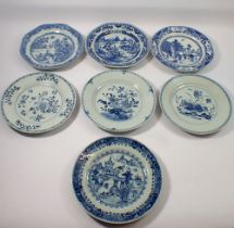 Seven Chinese 18th century blue and white plates - all damaged, 23cm diameter