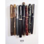 A group of eight fountain pens including Onolo, Platignum, Burnham, Sheaffer etc. (some velcro mount