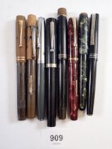 A group of eight fountain pens including Onolo, Platignum, Burnham, Sheaffer etc. (some velcro mount