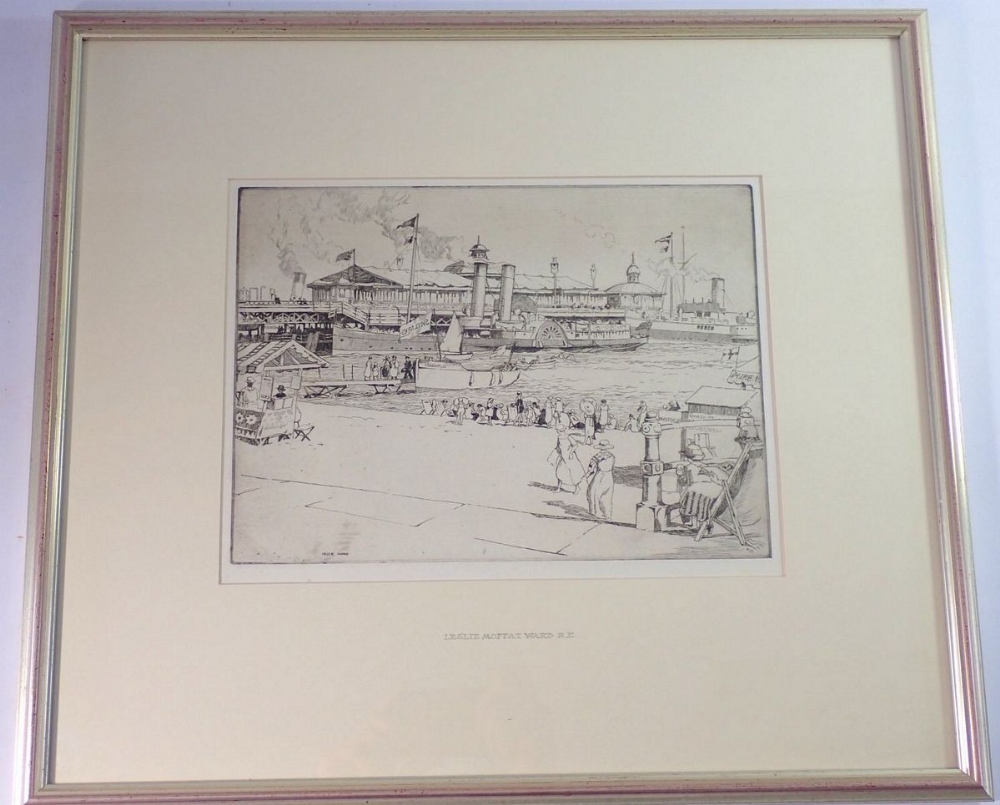 Leslie Moffat Ward - etching Bournemouth Pier with paddle steamer, with gallery label to verso, 20 x