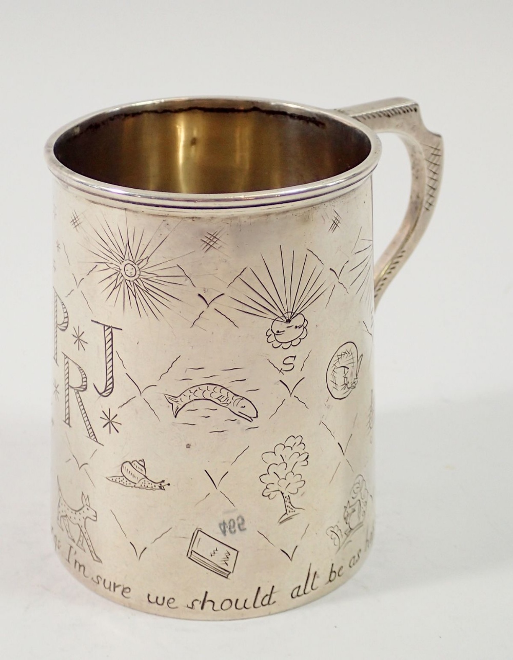 A silver christening mug with engraved scattered nursery motifs, by Robert Pringle & Sons, London - Image 2 of 3
