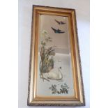 A Victorian gilt framed full length leaf moulded mirror painted birds and swan, 109 x 50.5cm