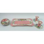 A Maling lustre dressing table tray - 30cm wide, powder bowl and two candlesticks