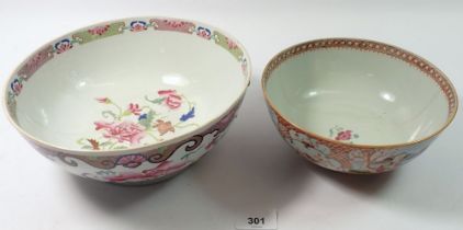 A Chinese 18th century famille rose fruit bowl painted peonies and a Canton one with figurative