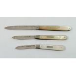 Three silver and mother of pearl folding fruit knives
