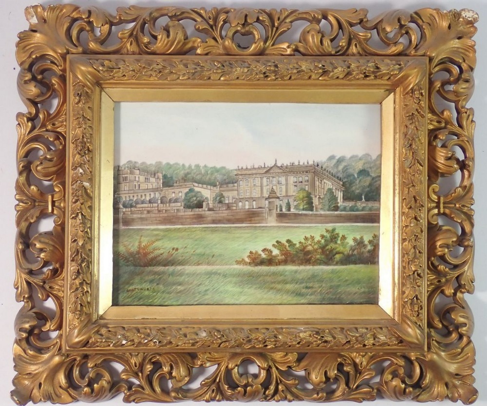 J Hancock - watercolour on porcelain panel of Chatsworth House, 17 x 33cm