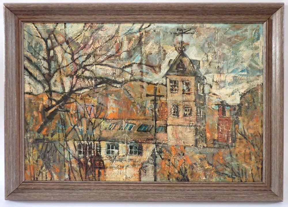 Sonya Mary Sprinthall (1940-2022) - oil on canvas Clock Tower, Lower Wood, Sheffield, 39 x 60cm