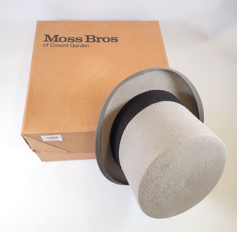 A Moss Bros. grey top hat in box, size 7