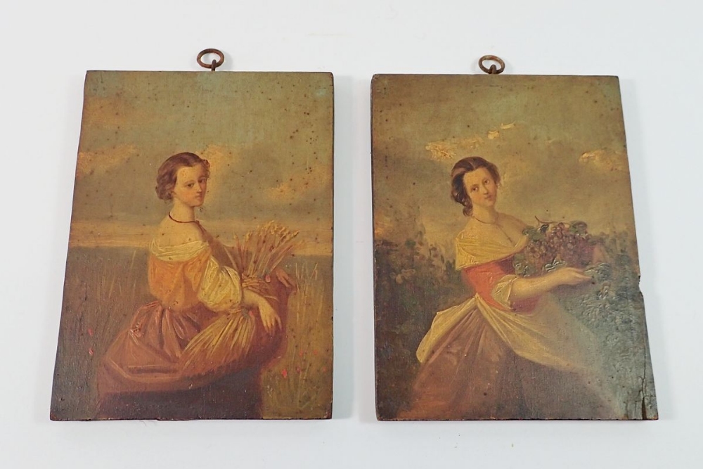 An 18th century pair of oil on panel paintings of women gathering vines and wheat, 18 x 13.5cm