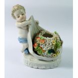 A 19th century porcelain posy vase and cherub with floral encrusted decoration, with faux Augustus