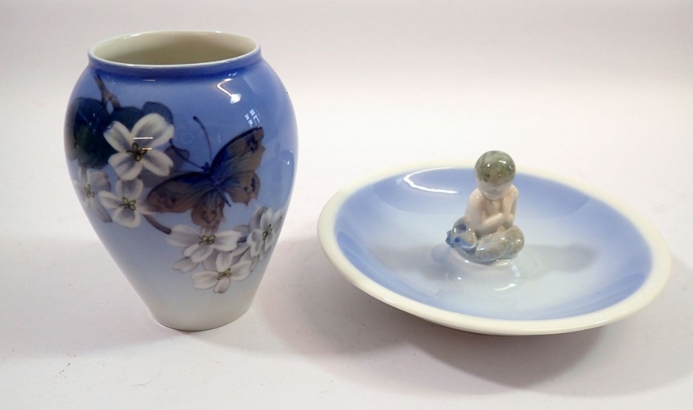 A Copenhagen mermaid dish, 3231 and a vase painted blossom and butterfly, 11.5cm tall