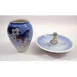 A Copenhagen mermaid dish, 3231 and a vase painted blossom and butterfly, 11.5cm tall
