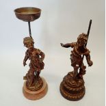 Two bronze finish lamp base figures of a boy and girl, (lacking lamp fittings) 44cm and 48cm tall