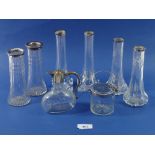 Three pairs of silver rimmed glass spill vases, a vinegar bottle and a preserve pot with